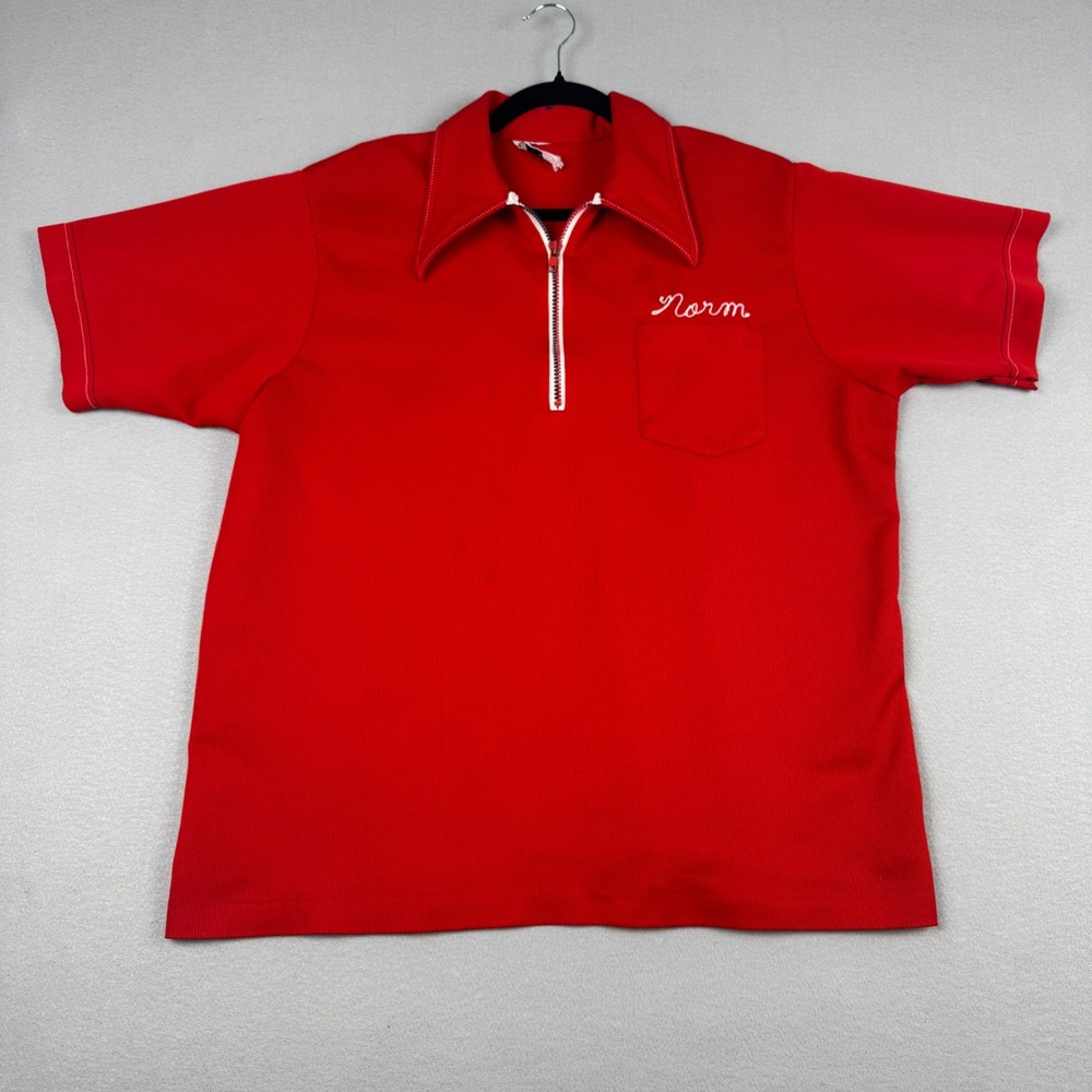 Vintage Olympian Red Bowling Shirt Norm Shilohs Colfax Quarter Zip Mens XL